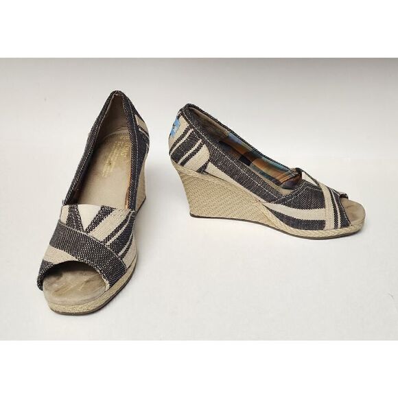 TOMS Women Peep Toe Wedge Espadrilles Blue White Stripe Canvas Shoes Size 7.5W - Picture 4 of 9